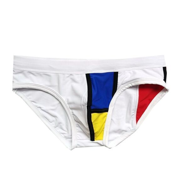 Men's low rise contoured Mondrian color blocked swim briefs speedo White Size S - Picture 4 of 9